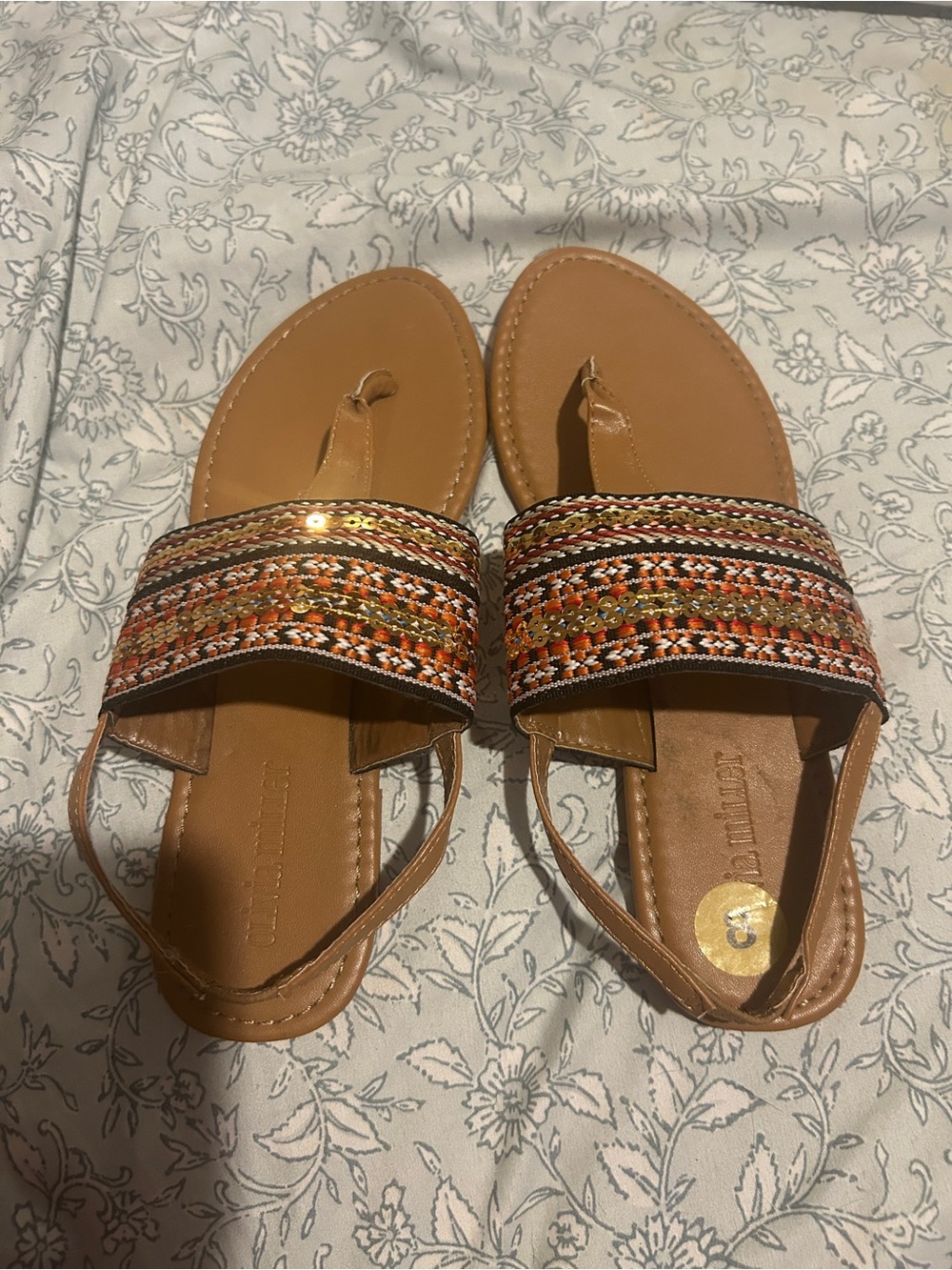 Olivia Miller Tan Slide Sandals with Orange and Gold Embellished Strap